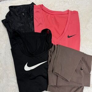Nike Women's bundle-Dri-fit tank top, shirt and half zip, & with brown leggings